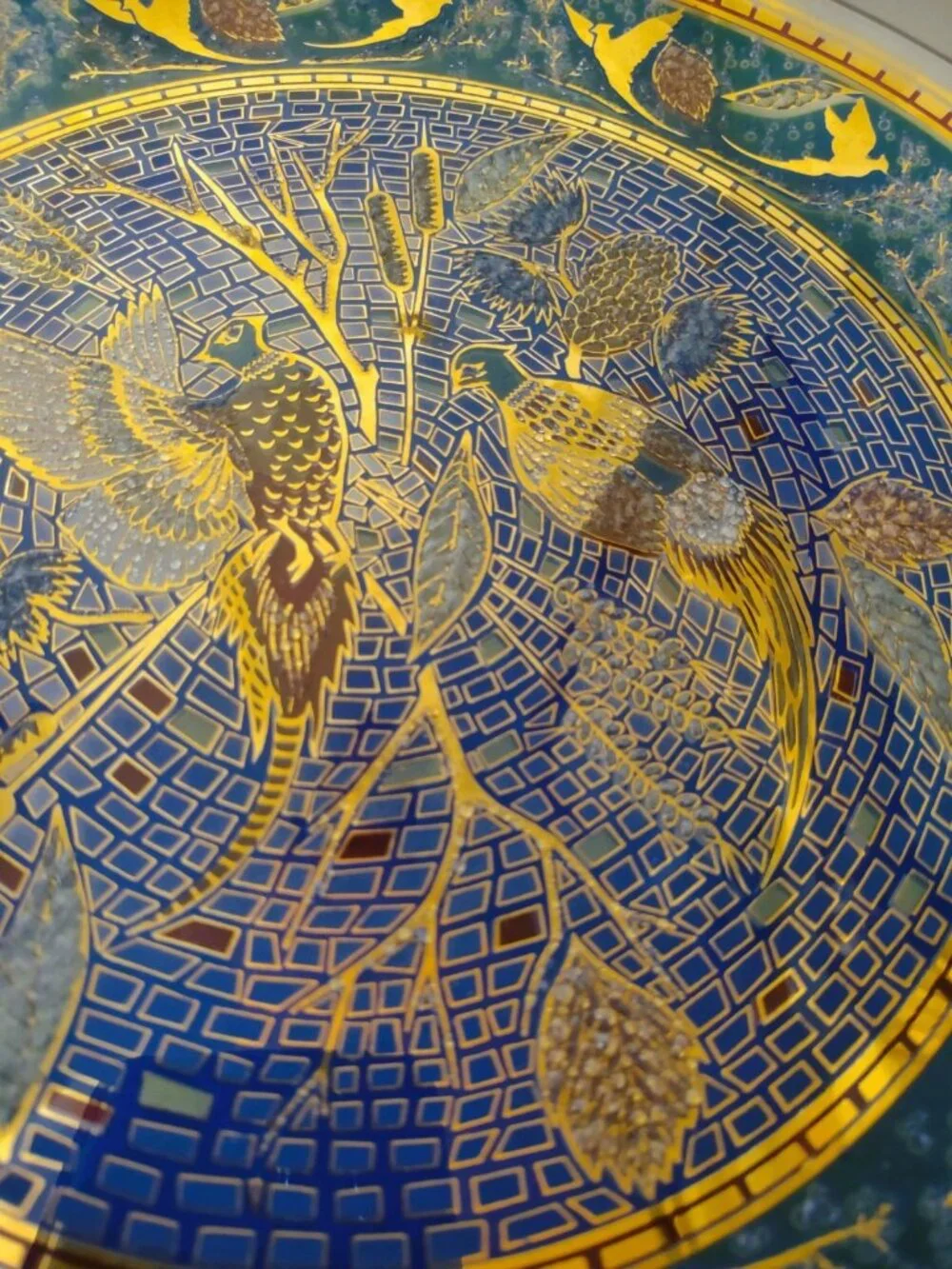 Mosaic Art Glass Plate Pheasants Catails- Blue Gold & Brown colors- Vintage